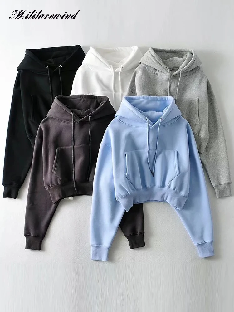 Autumn Winter Fleece Warm Hoodies Women Short Style Slim Waist Hip Hop Streetwear Pullover Sweatshirt Women Korean Fashion Top