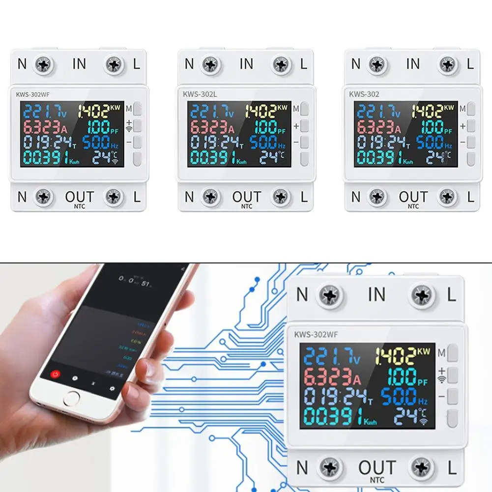 8-in-1 AC Energy Meter 2P 170-270V Smart-APP Controlled Ammeter With Voltage Current Power Timing Temperature Monitoring Meter