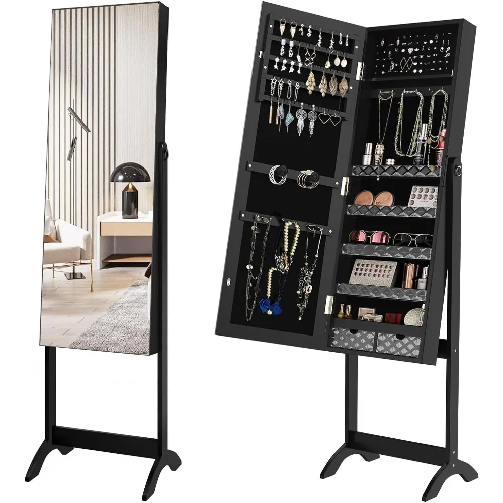 2 in 1 Jewelry Cabinet with Full Length Mirror, Standing Large Capacity Jewelry Armoire Organizer with 2 Drawers, 3 Ang