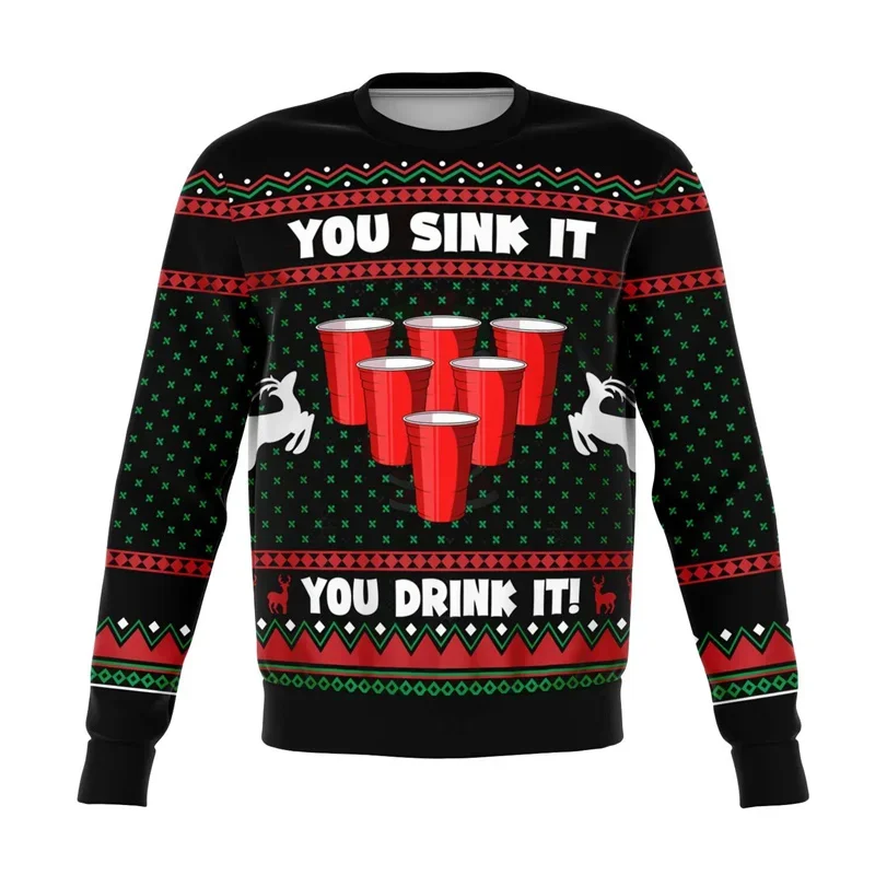 Beer Pattern Ugly Christmas Sweater Men Round Neck Pullovers 3d Printed Wine Drinks Xmas Sweatshirt Tops Women Oversized Hoodie