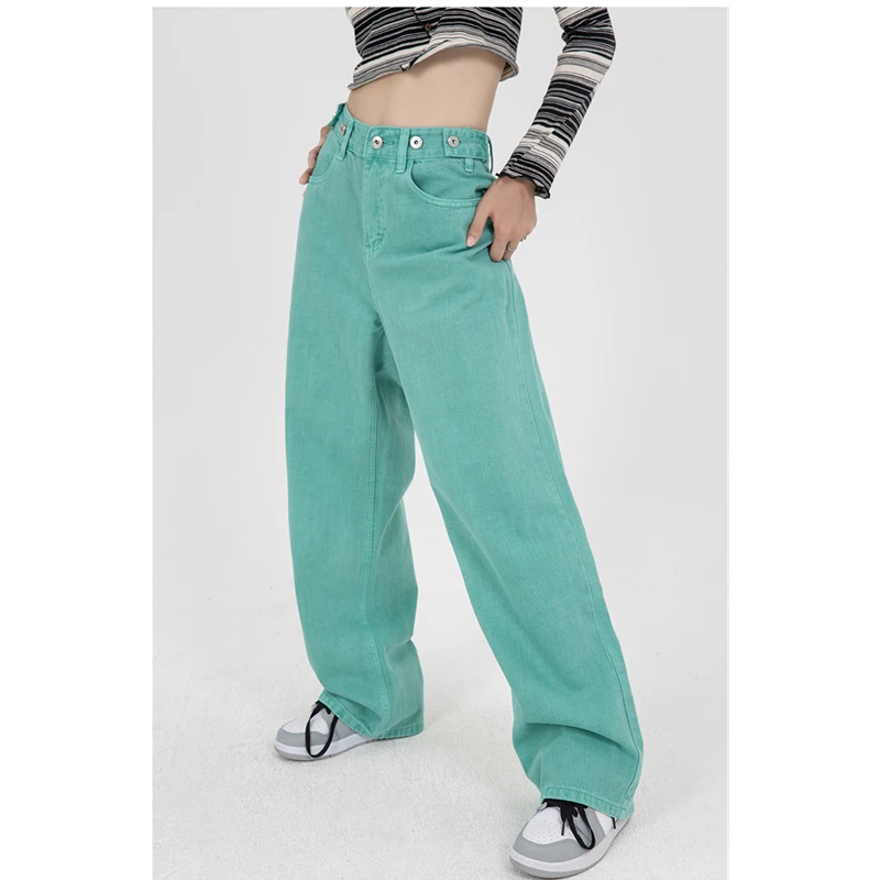 Green Womens Jeans High Waist Vintage Straight Baggy Denim Pants Streetwear American Style Fashion Casual Wide Leg Denim Trouser