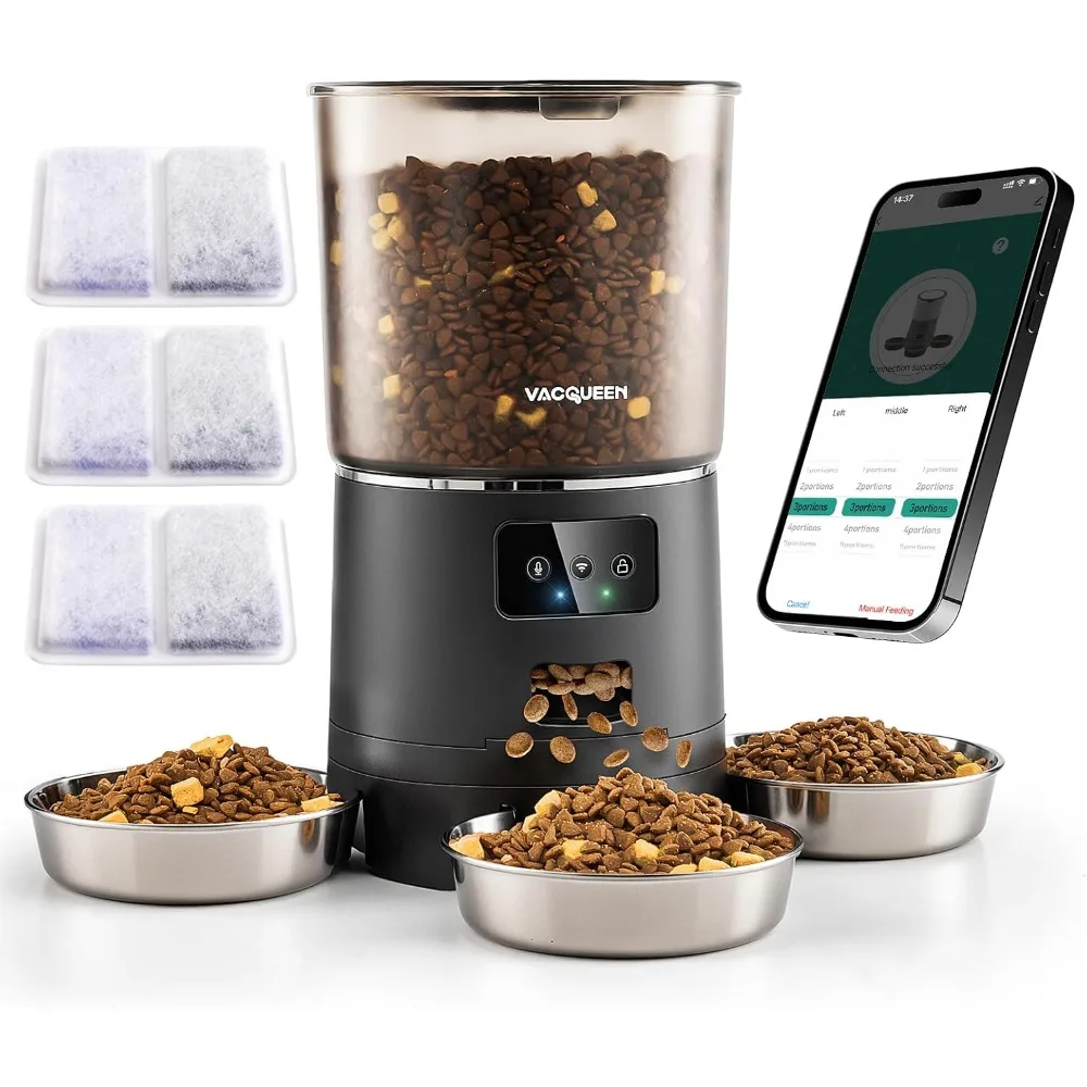 

Automatic Cat Feeder for 3 Cats, 6L/25 Cup Cat Food Dispenser with Strong Anti-Jam System, Effect Desiccant, Smart WiFi App