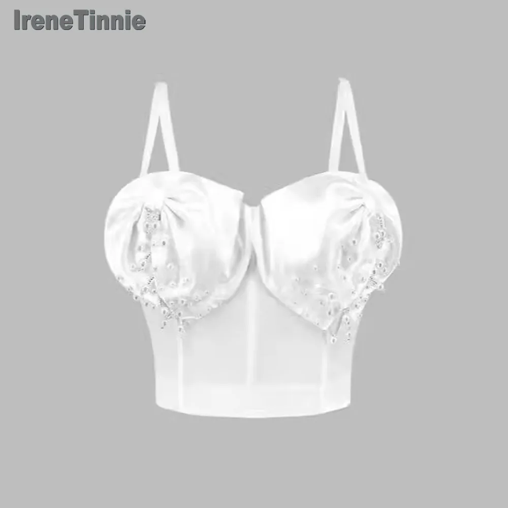 

IRENE TINNIE New Luxury Y2K White Beaded Camisole Push Up Bustier Bra Female Nightclub Party Short Tank Top Cropped Top
