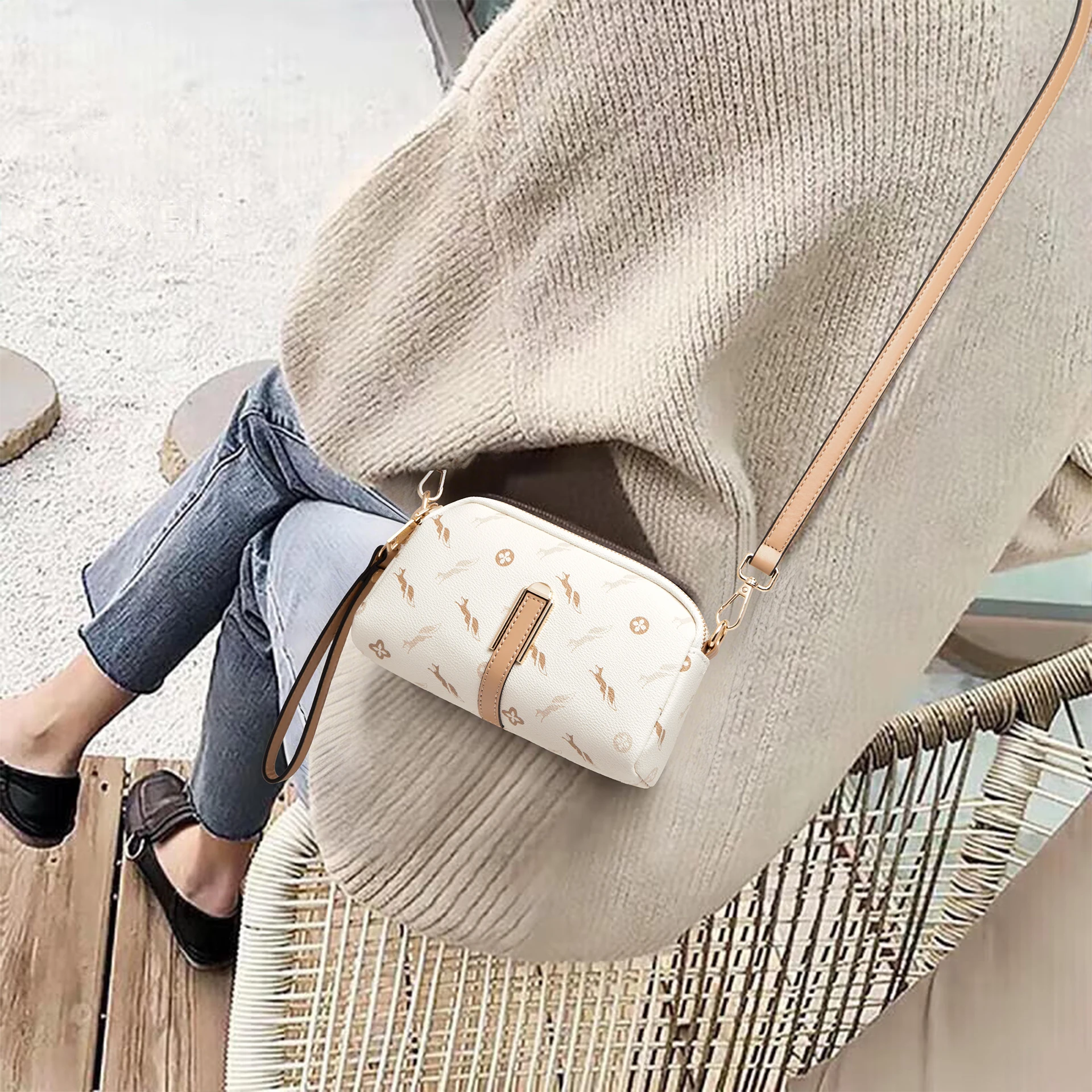 FOXER Mini Women's Shoulder Bag PVC Leather Zipper Small Handbag Vintage Print Female Crossbody Purse Ladies Casual Phone Bag