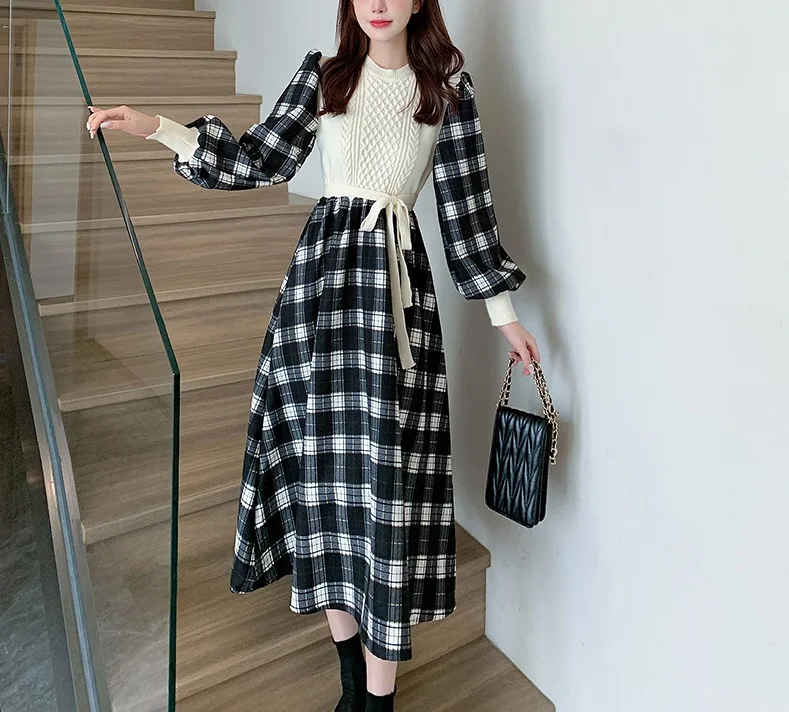 

Autumn and winter lantern sleeve plaid long sleeved dress with woolen woven waistband, fake two A-line skirt long skirt