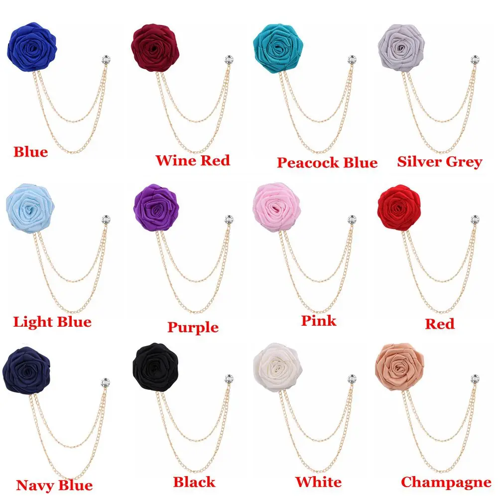 Trendy Charm Gift Tasssel Chain Wedding Boutonniere Rhinestone Rose Flower Brooch Lapel Pin Shirt Jacket Collar Suit Corsage