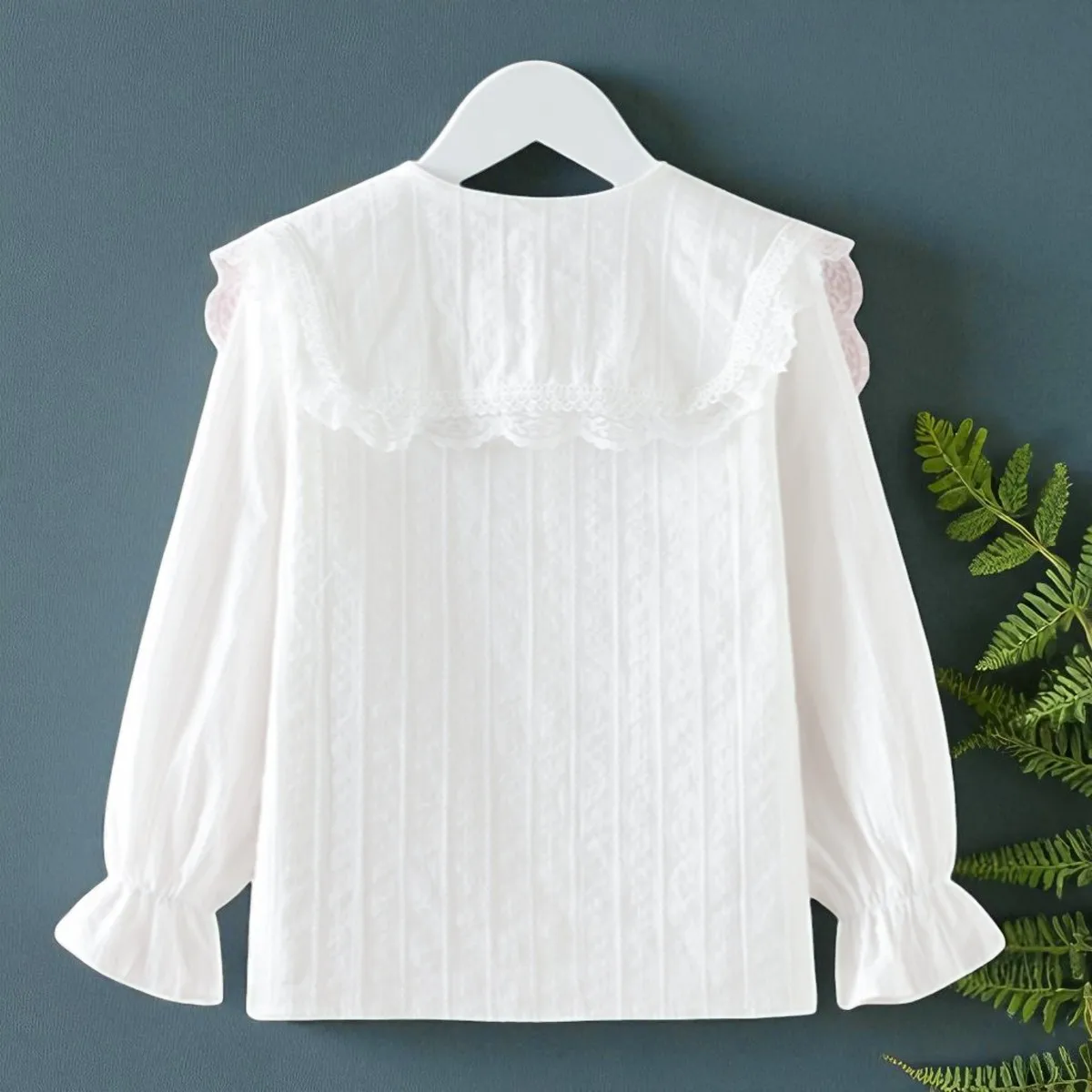 Kids White Shirts Girls Lace Blouses Trendy Kids Button-Up Blouse Long Sleeve Preppy Cotton Girls Clothes Back to School Uniform