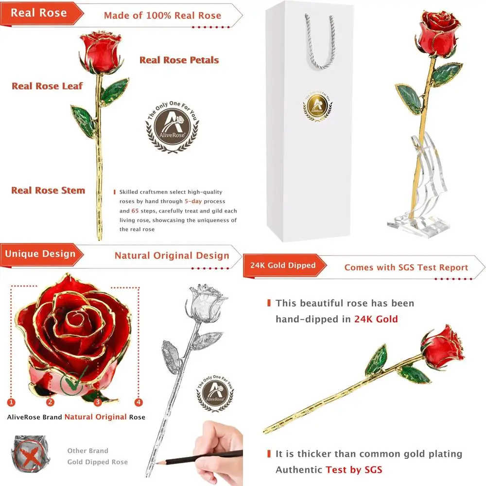 

Позолоченная настоящая роза 24K - уникальный дизайн для подарка на День святого Валентина (красная, с подставкой)