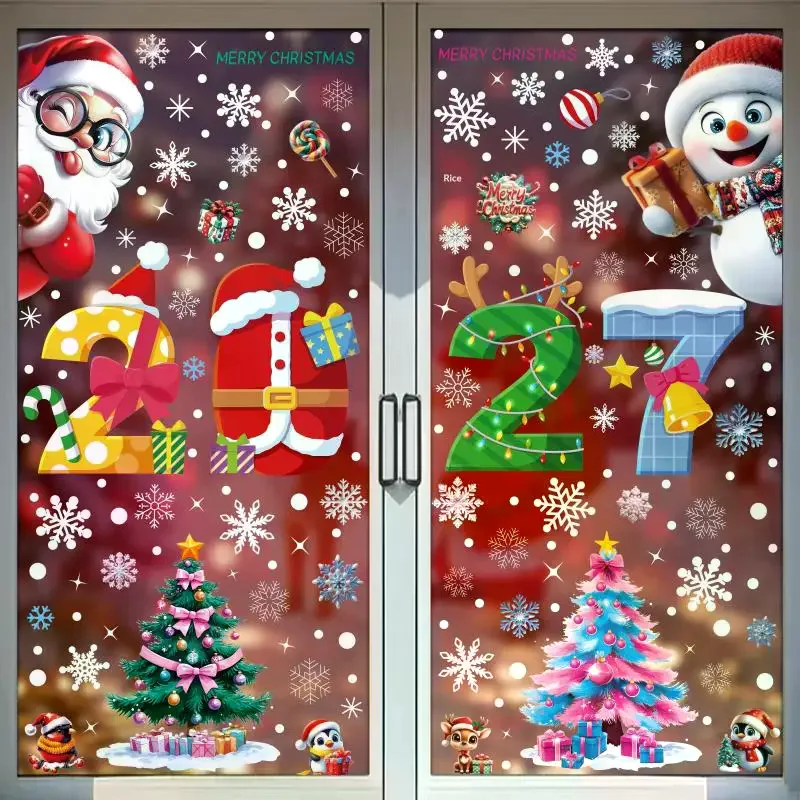 4/5 Sheets Snowman Reindeer Santa: Claus Christmas Tree Static Cling Decals 2027 Merry Window Stickers