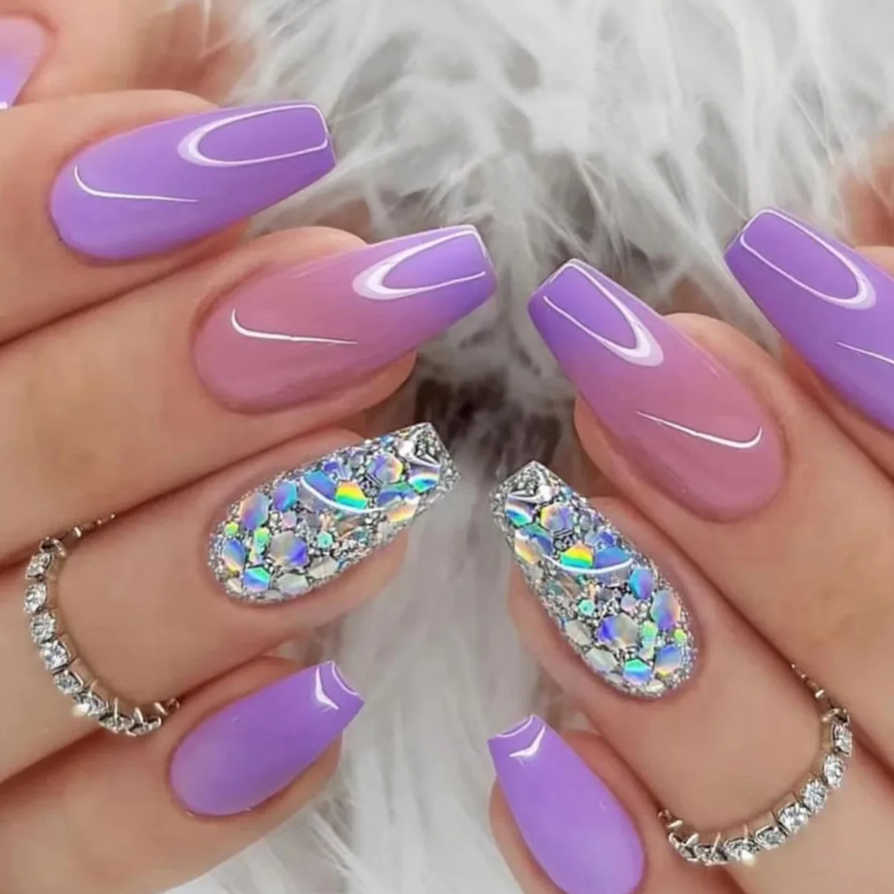 24Pcs Mid-length Ballet Nails Set Press on Shiny Powder Sequin Fake Nails Purple Gradient Detachable Full Cover False Nails Tips