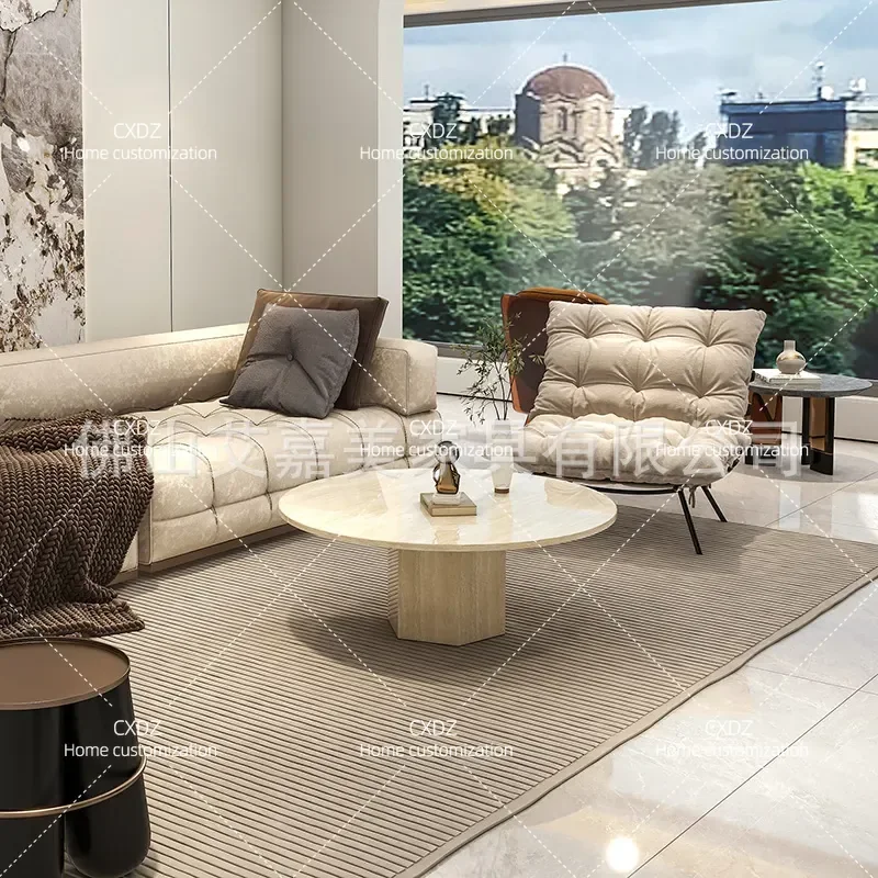 Simple Light Cream Style Round Coffee Table Yellow and White Travertine Marble Side Table for Living Room Small Apartment
