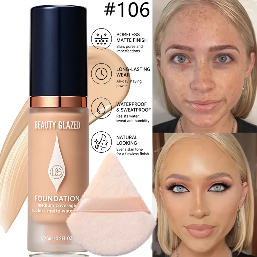 Matte Full-Coverage-Foundation – Erhältlich in 6 Farbtönen, langanhaltendes mattes Finish, wasserfest und schweißresistent, Mini-Reisegröße. – Detail 3