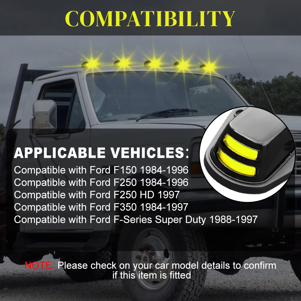 

5x 12V LED Car Cab Roof Marker Lights for Ford F150 F250 1984-1996 F350 1984-1997 F-series Super Duty 1988-1997 Running Lamps