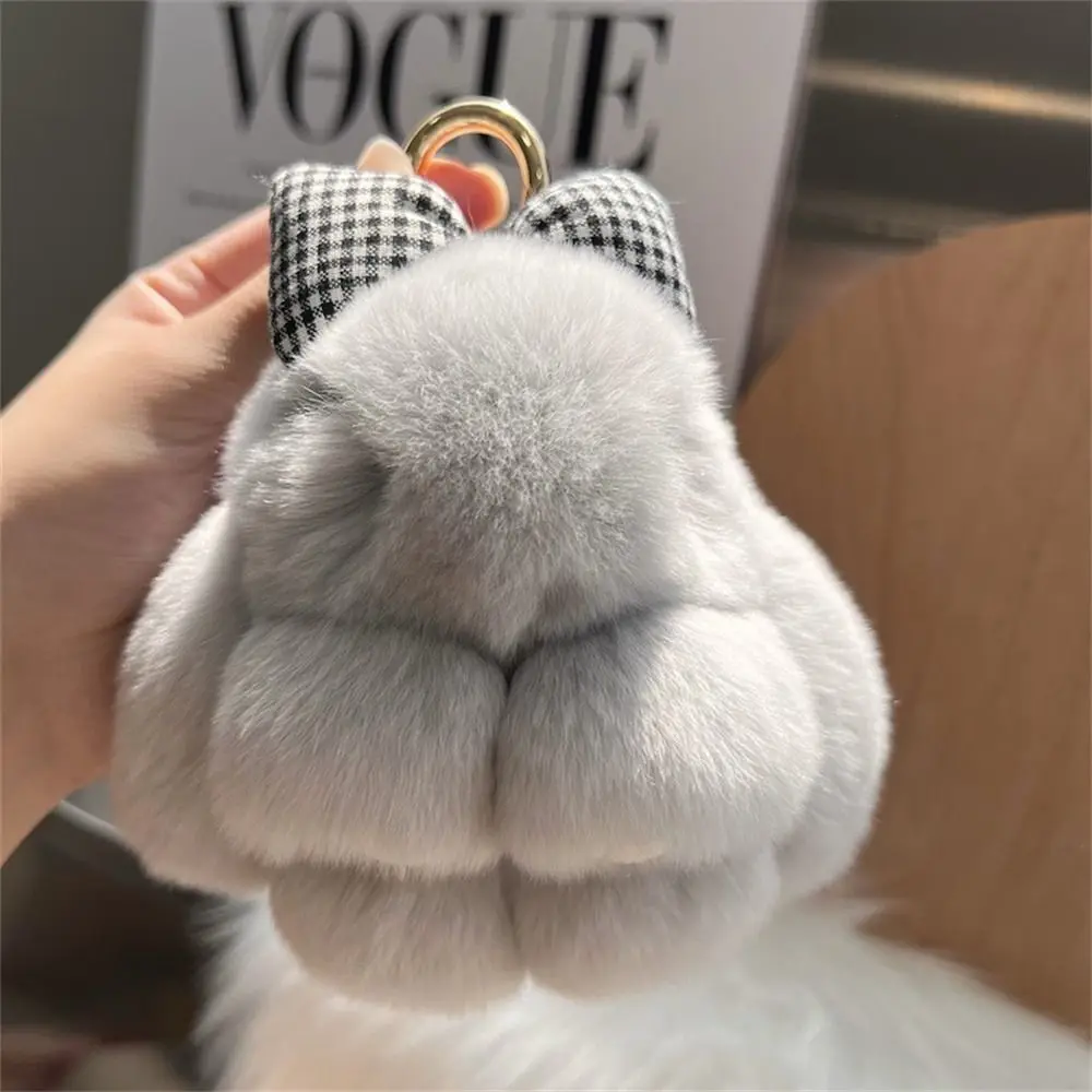 Hair Bow Rabbit Fur Keychain Pompoms Plush Dolls Bunny Keychain Alloy Ring Bag Charm Plush Rabbit Key Ring Couple Pendant