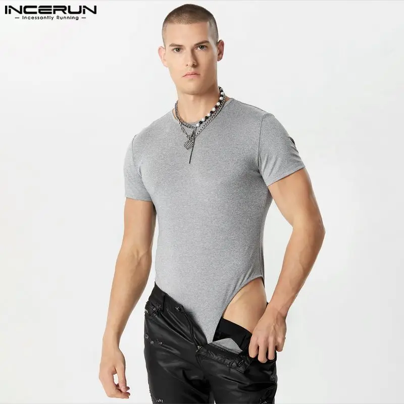 INCERUN 2023 Sexy Fashion Men\'s Jumpsuits Short Sleeved Solid Comfortable Bodysuits Male O-neck Triangle Homewear Rompers S-5XL