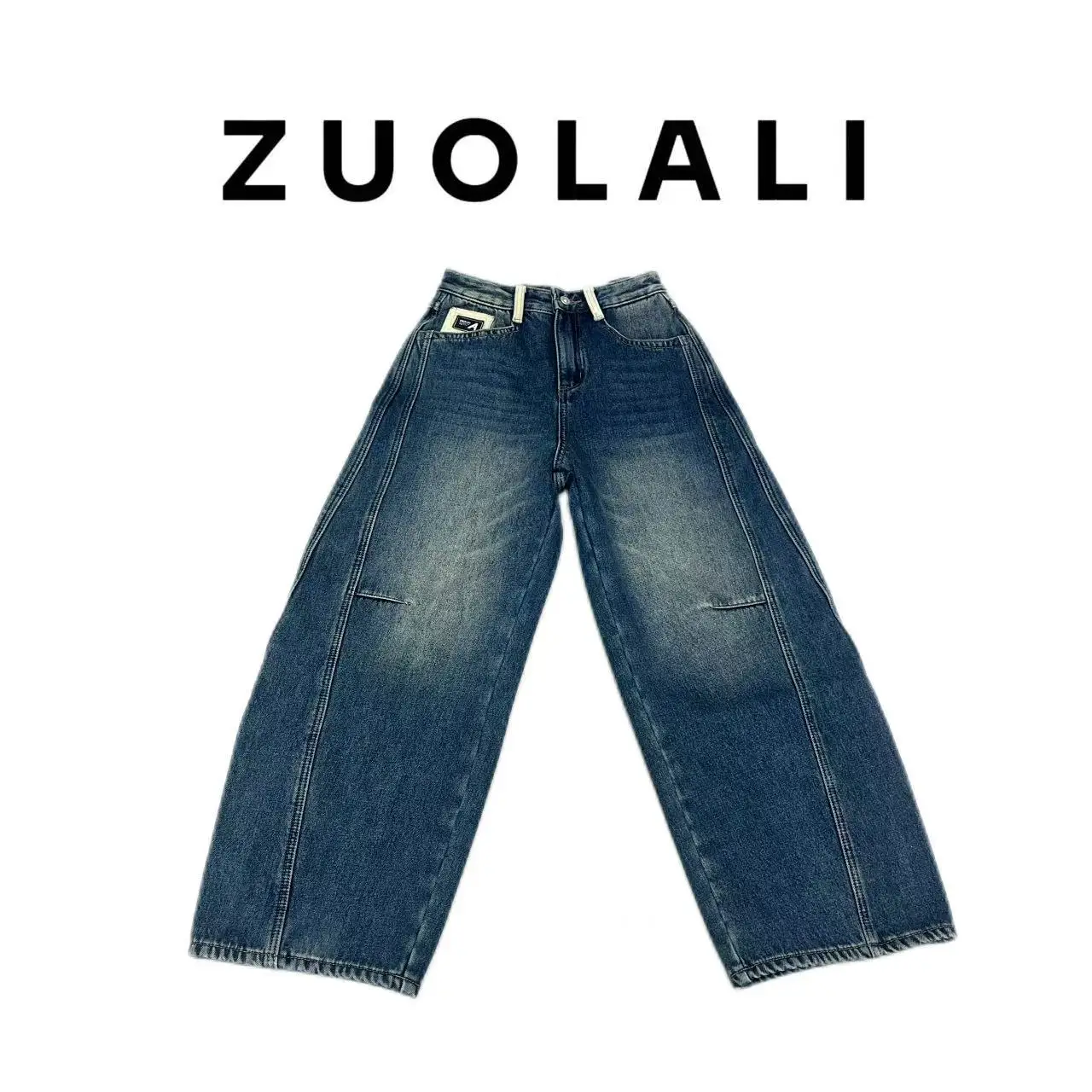 

High Waist Letter a ket Design Color Blo Denim Pants American Retro Sle Blue Cotton Straight Leg Ladies Jeans