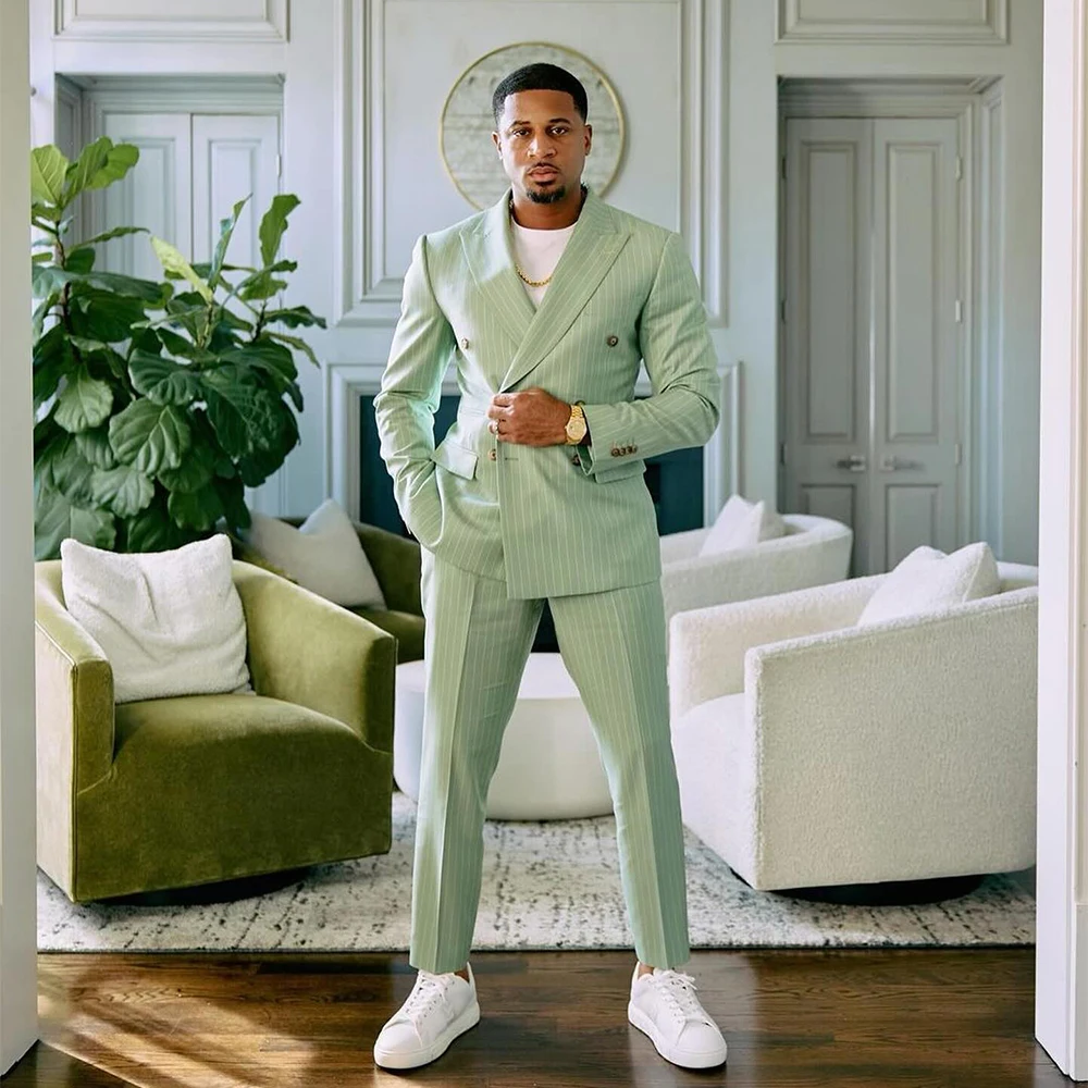 

Green Pinstripe Men's Suits 2 Pieces Peaked Lapel Single Breasted Evening Suit for Men Prom Dress Jacket Slim Fit Customized