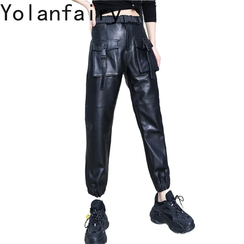YOLANFAIRY Elastic Waist Genuine Sheepskin Leather Cargo Pants for Women 2026 Autumn Nine Points Casual Leather Harem Trousers