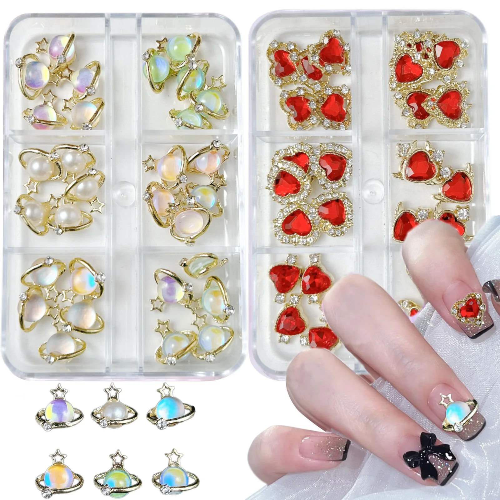 Conjunto de strass para arte em unhas, 6 grades, caixa de liga de luxo, coração, laço, cereja, acessórios para unhas, pedras brilhantes, faça você mesmo, amuletos de unhas