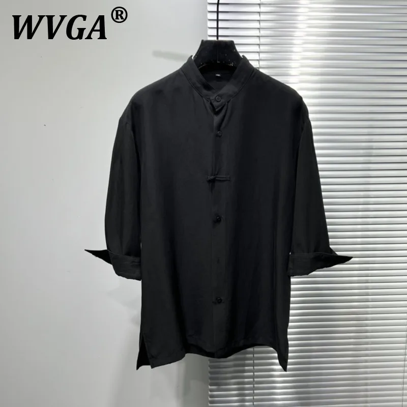 

WVGA Spring Summer New Men Tide High Street Chic Button-Up Stand Collar Loose Half Lengh Sleeved Shirts Trendy Casual Tops W8085