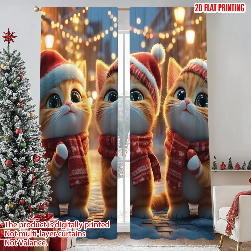 

2pcs 2D flat printing Christmas Window Drapes Cute cat with candy Versatile 100% Polyester Without Electricity Holiday