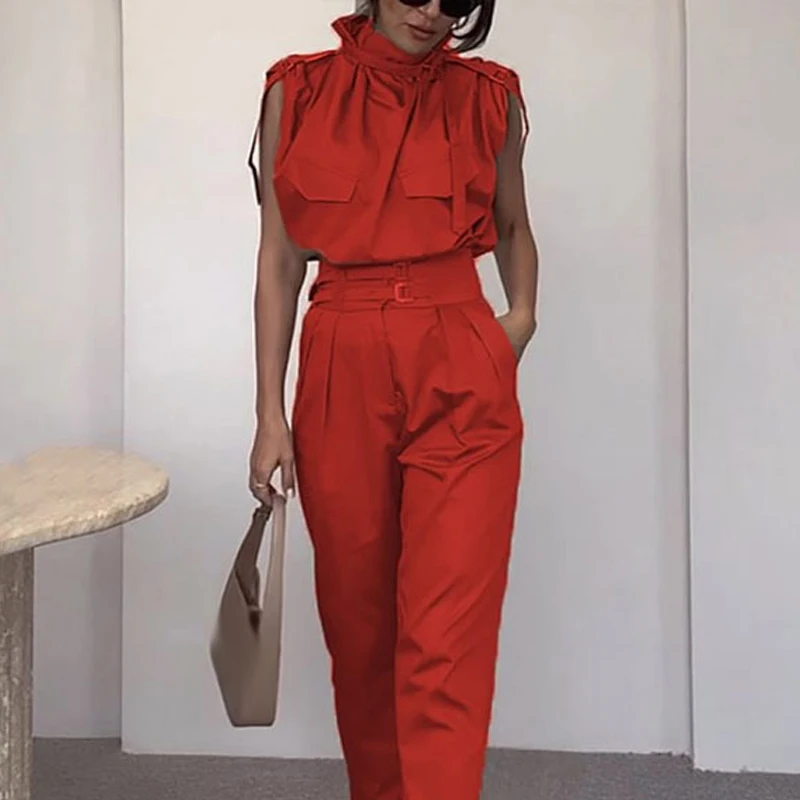 

Spring Summer Sleeveless Two Piece Set Women High Neck Tank Top Pullover & Tie-up Pants Outfit Casual Solid Office Straight Suit