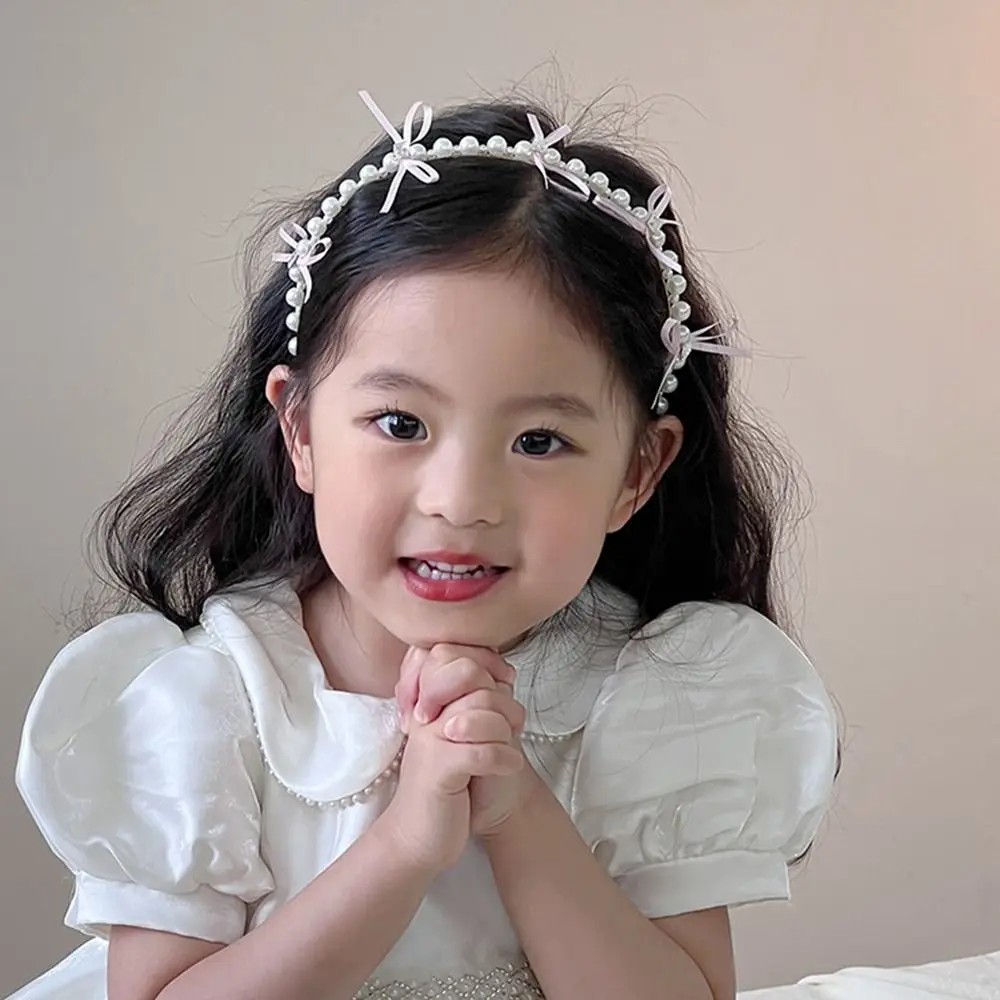Новые повязки для волос с белым жемчугом и бантом, корейский милый обруч для волос принцессы, милая детская повязка на голову с цветком, аксессуары для волос