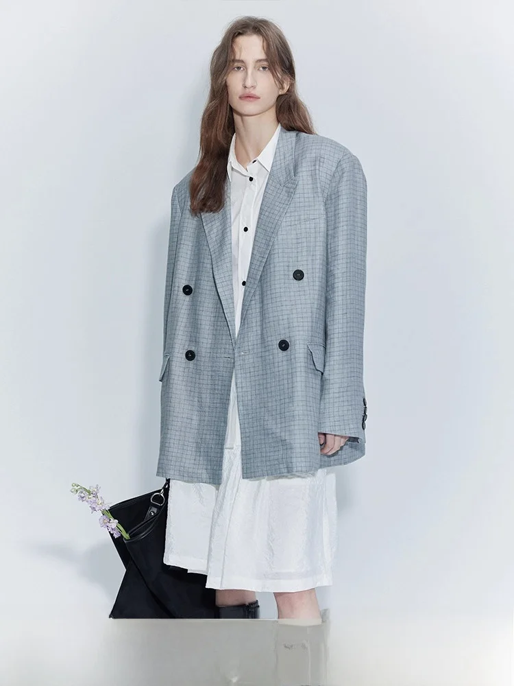 

Пальто Planites Весна 2024 женское классическое двубортное из чистого льна, светло-голубое в клетку, свободного кроя, для повседневной носки