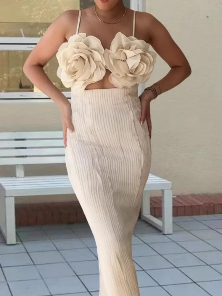 3D Bloemen Spaghetti Jurken Vrouwen Mode Sexy Hollow Out Backless Pakket Hippe Feestjurk Ontwerp Gevoel Banket Vestidos