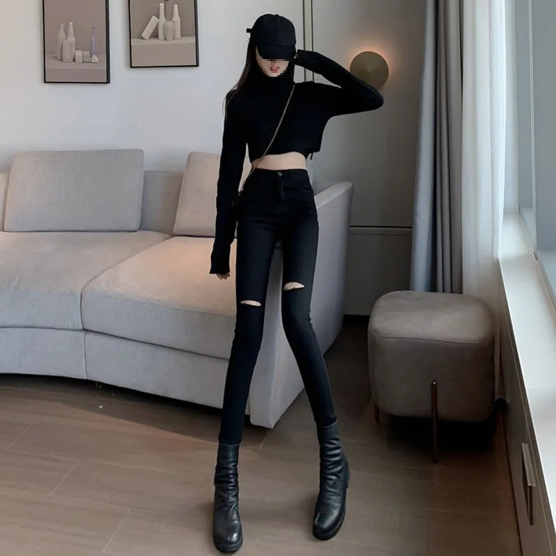 High Waist Slim Fit Jeans Women's Autumn Fashion 2026 Enhance Height Nine Points Small Size Tight Fit Female Pants