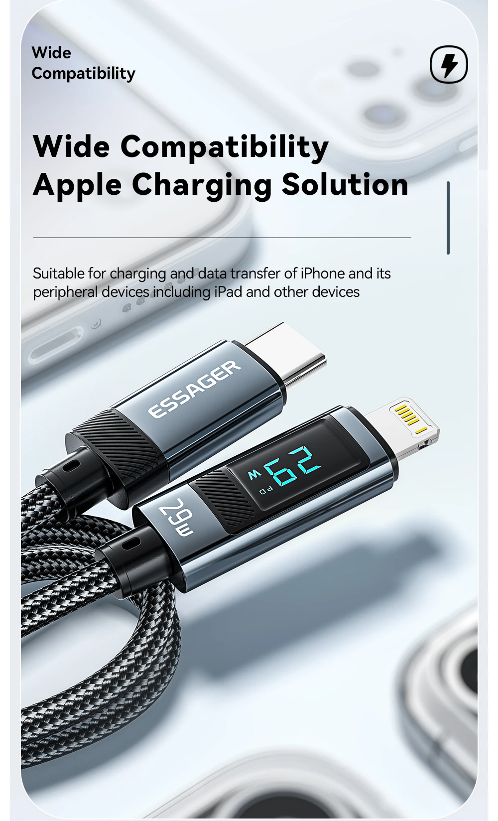 Essager USB Type C Cable for iPhone 14 13 12 11 Pro Max PD 29W Fast Charging Wire for iPhone Charger Cable Digital Display Cable