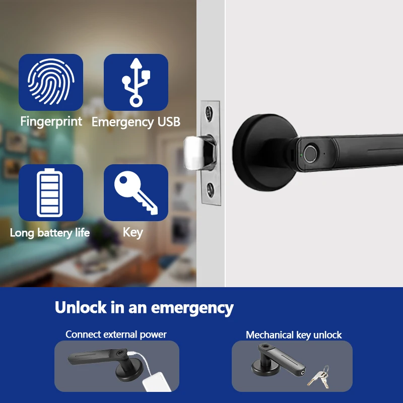 Electronic Fingerprint Lock Smart Door Lock Biometric Fingerprint Smart Lock Handle With Key For Bedroom Hotel Apartment Office