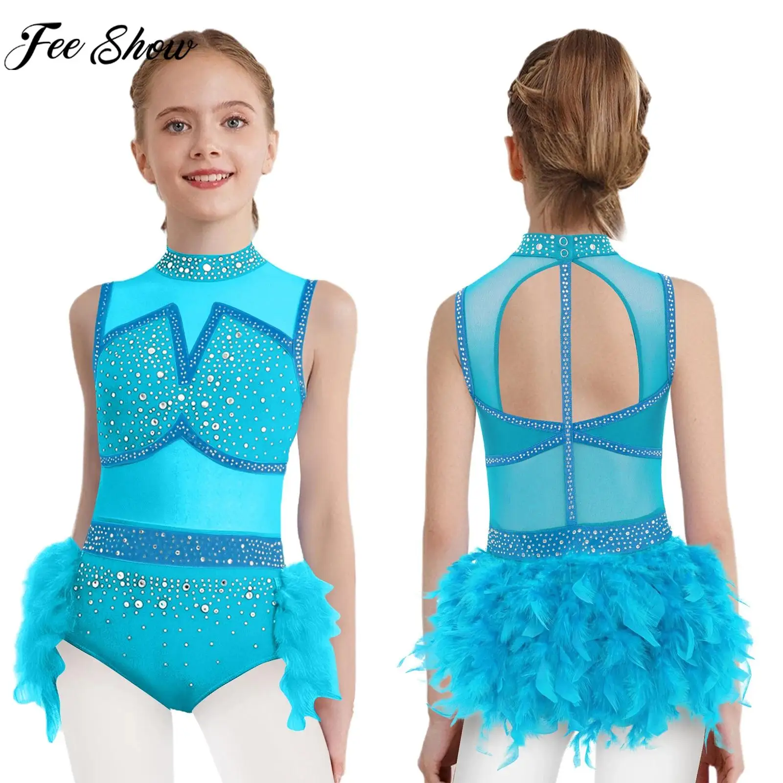 Kids Girls Figure Skating Latin Jazz Dance Samba Rumba Cha-cha Leotard Shiny Rhinestone Sheer Mesh Feather Skirted Bodysuit