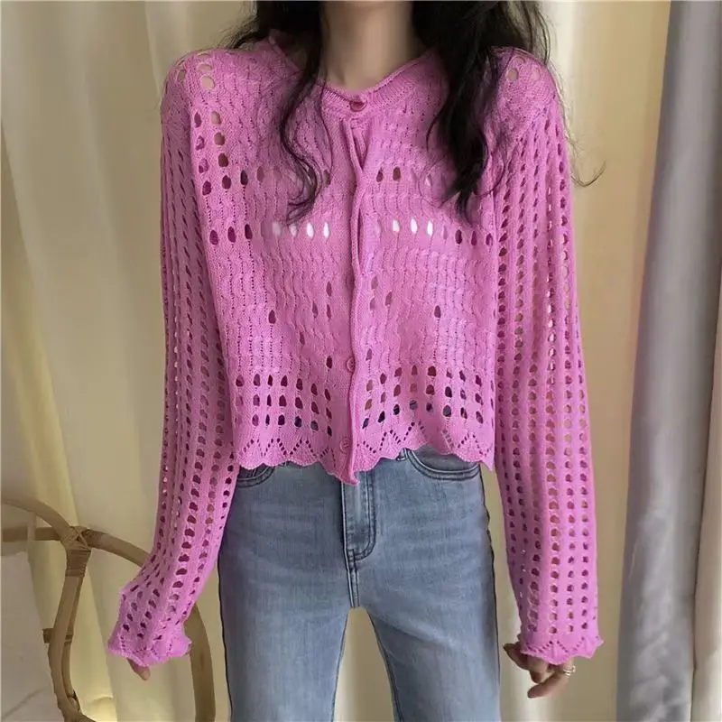 Ngọt Ngào Mỏng Dệt Kim Áo Len Cardigan Nữ Màu Trơn Rỗng Cổ Tròn Áo Len Nữ Spring Mùa Thu Thường Dạo Phố Dệt Kim Cao Cấp