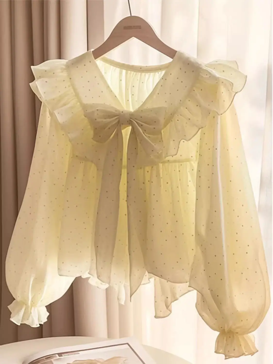 

French Elegant Temperament Polka Dot Long Sleeved Chiffon Shirt 2025 Spring New Sweet Fairy Blouse Women Camisas De Mujer