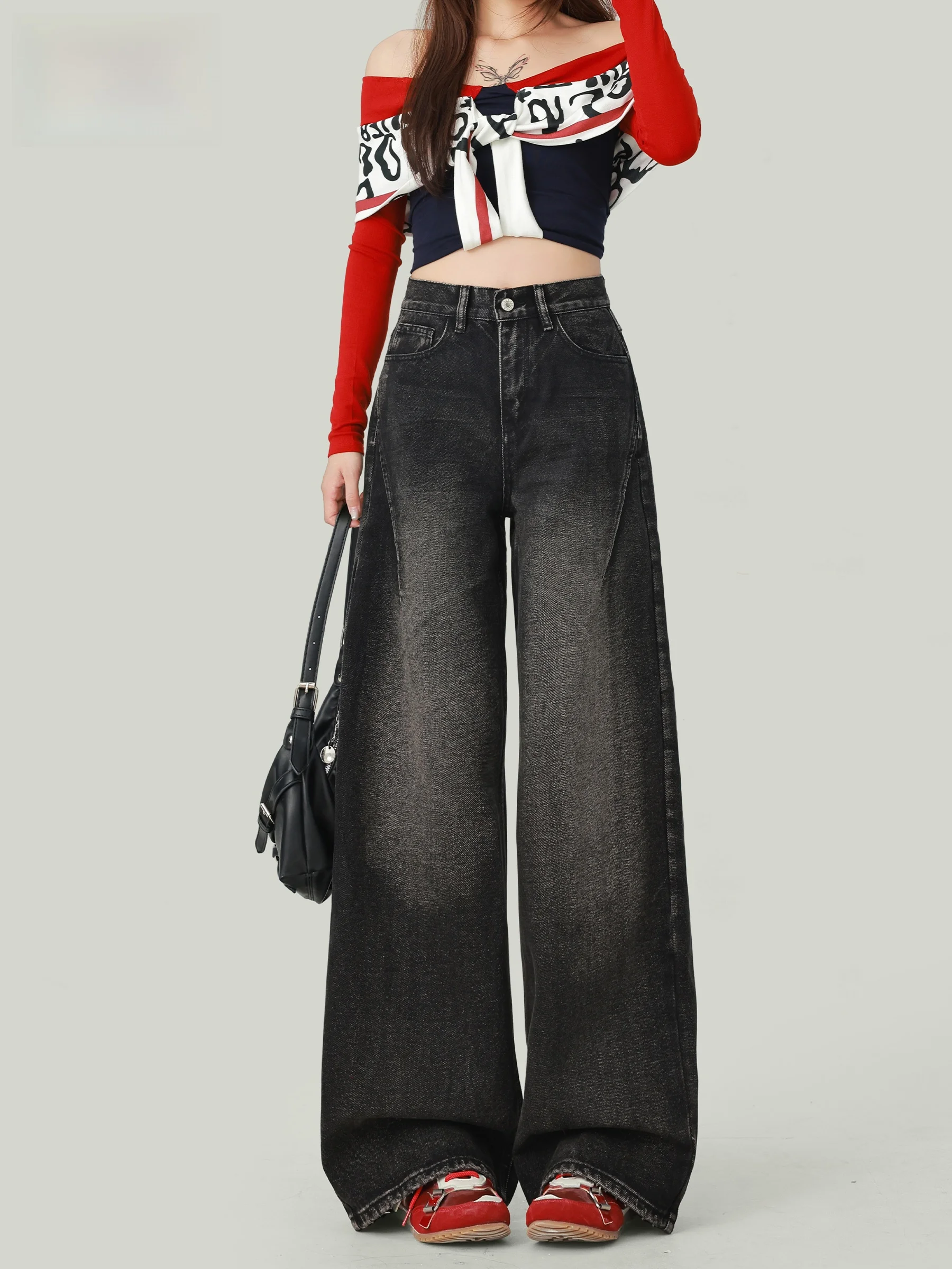 

Джинсы с высокой талией в американском стиле, широкие брюки прямого кроя для женщин, осенняя новинка, эффект похудения