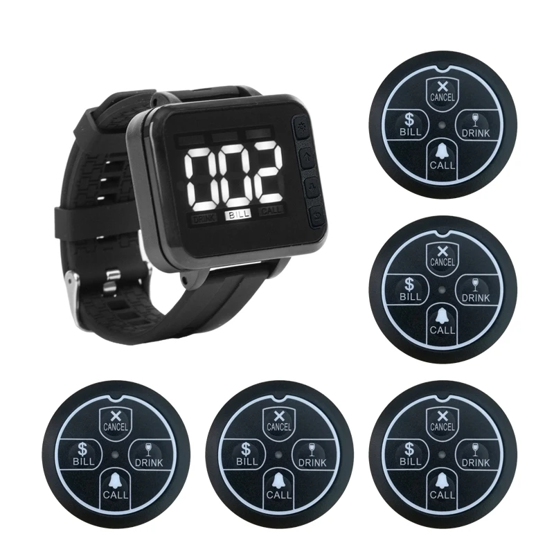 Wireless Waiter Calling System 5pcs Hookah Table Number Buttons 1pc Waiter Watch Vibration Bell Beeper for Restaurant Pager