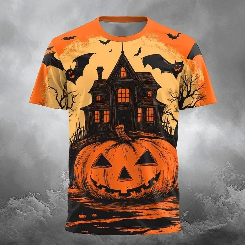 Men Halloween Haunted House Pumpkin Bat 3D Print Crew Neck Short Sleeve Tee