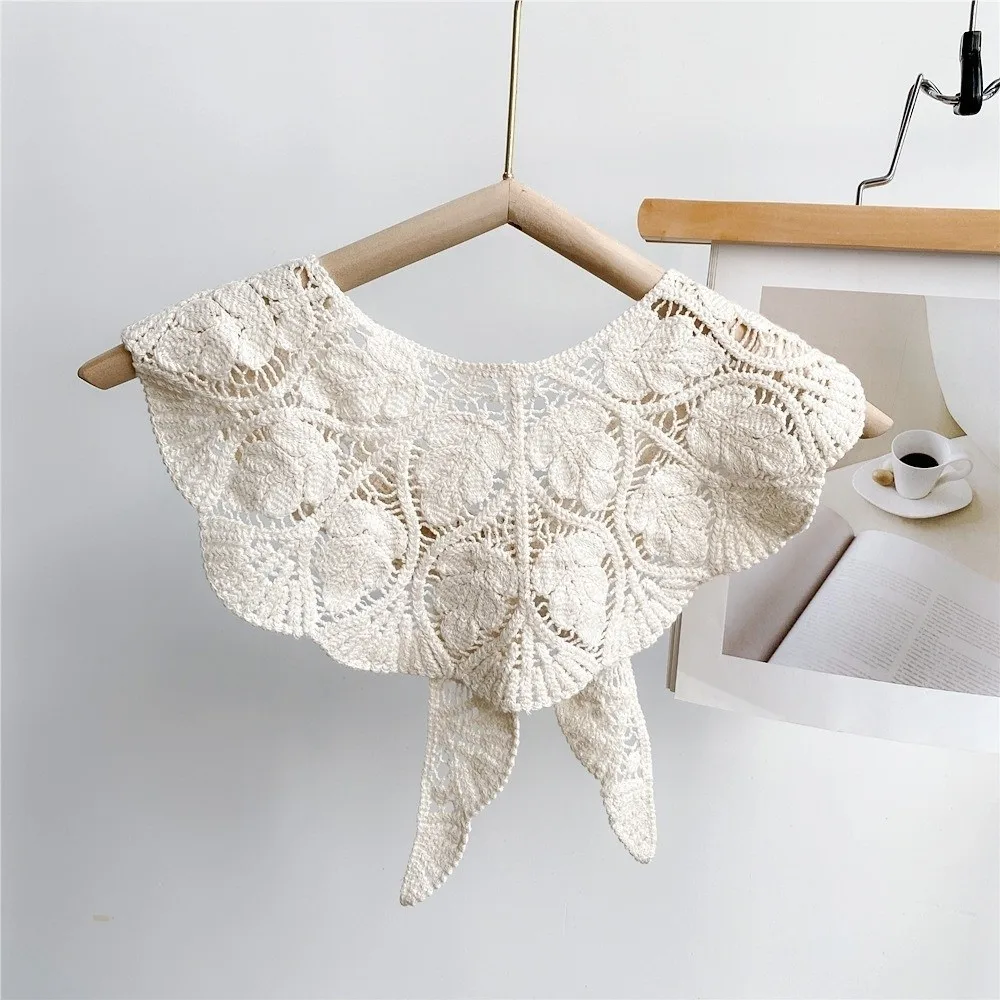 

Decorative Solid Color Crochet Detachable Collar Korean Style with Knot Design Thin Shawl Hollowed-out Leaf Pattern Shawl Summer
