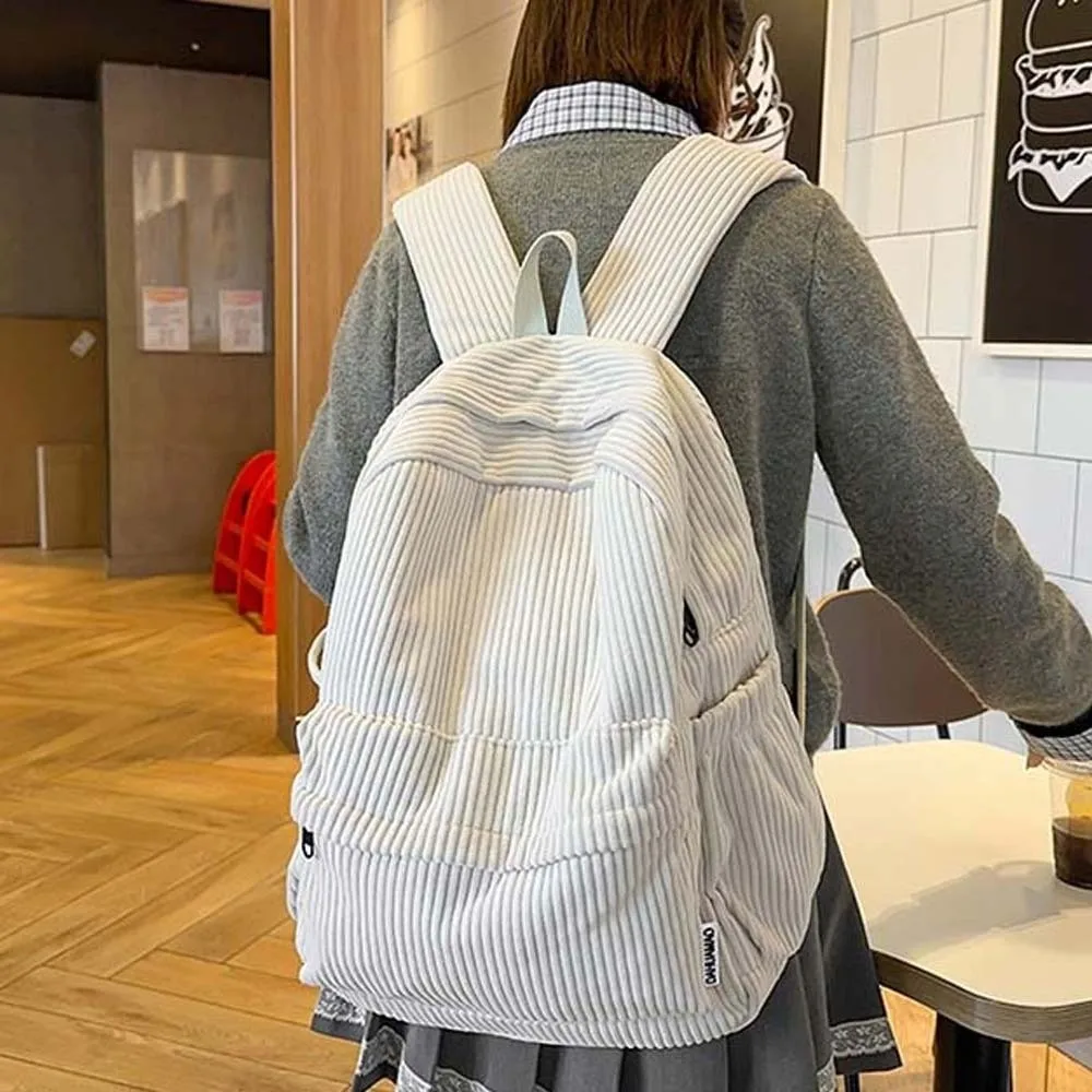 Lightweight Corduroy Backpack Large Capacity Japanese Style Solid Color School Bag Portable Adjustable Casual Students Daypack