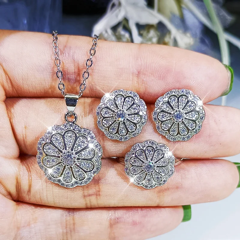 AAAA Round Flower Cubic Zirconia 925 Sterling Silver Jewelry Sets Earrings Pendant Necklace Adjustable Rings Valentine Day Gift