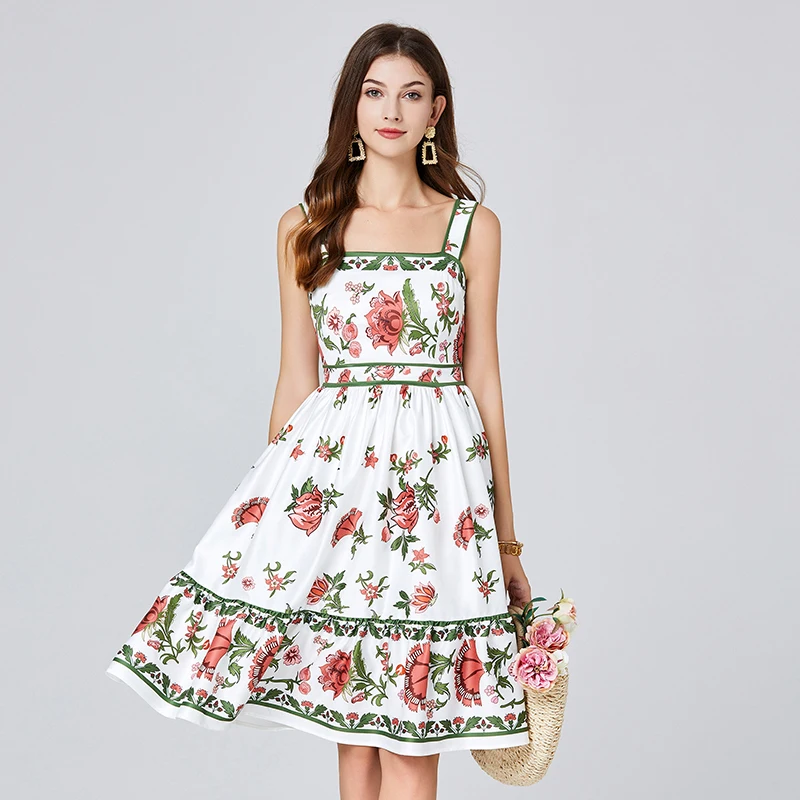 EHQAXIN Women's Dress Fashion 2024 Summer New Elegant Printing Strap A-Line Pullover High Waist Party Dresses For Female S-2