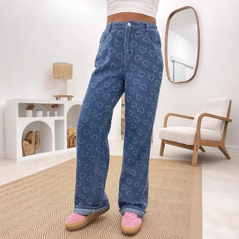 Women's Jeans Heart Hook Flower Denim Pants Autumn Y2k Causal Hight Waist Pants Pockets Loose Streetwear Trendy Woman Clothing