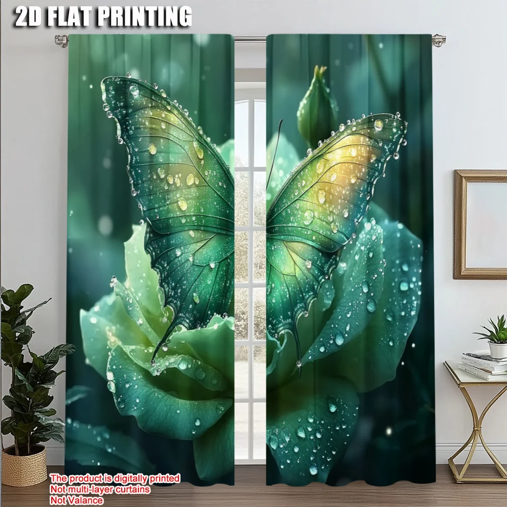 2pcs, Upscale Curtains 2D print Green Butterfly & Blooming Rose Versatile 100% Polyester (without rod) Stuff Clearance Perfect