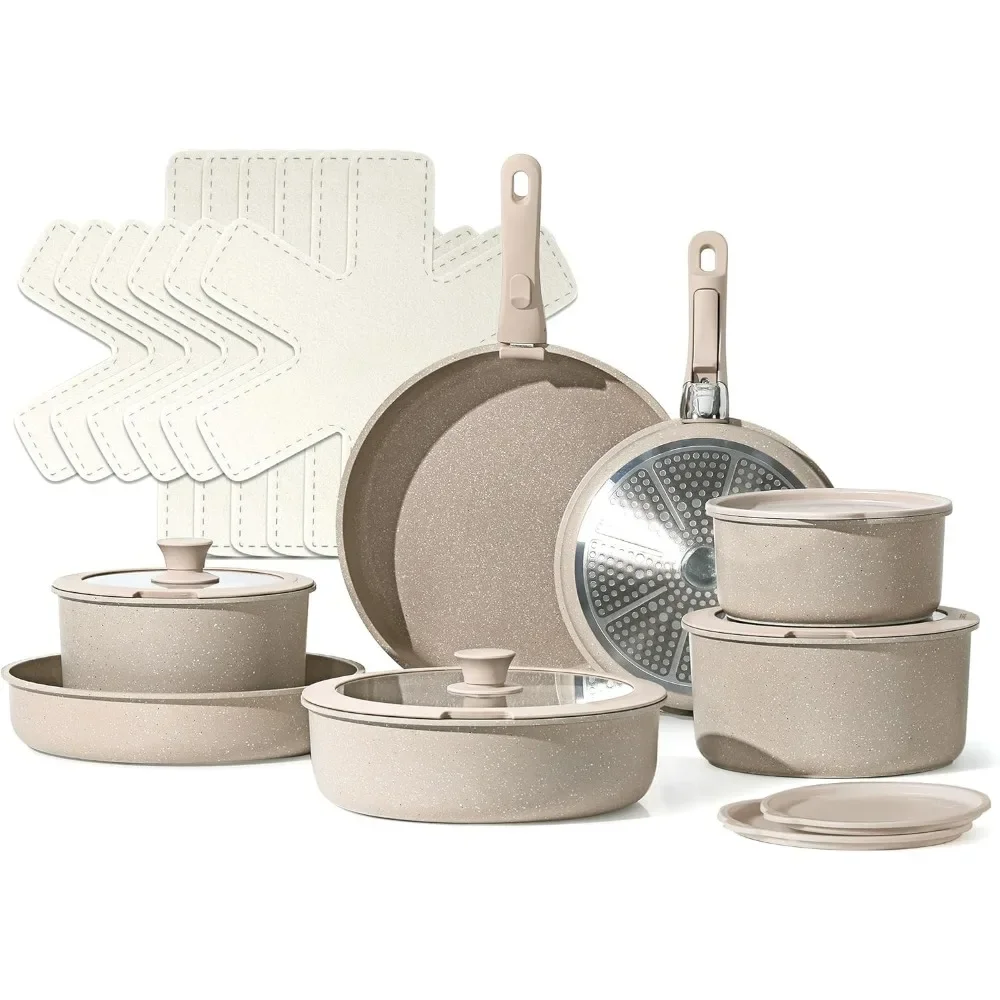 

21pcs Detachable Handle Pots and Pan Set, Nonstick Induction Cookware, Removable Handle, RV Oven Safe Cookware, Taupe