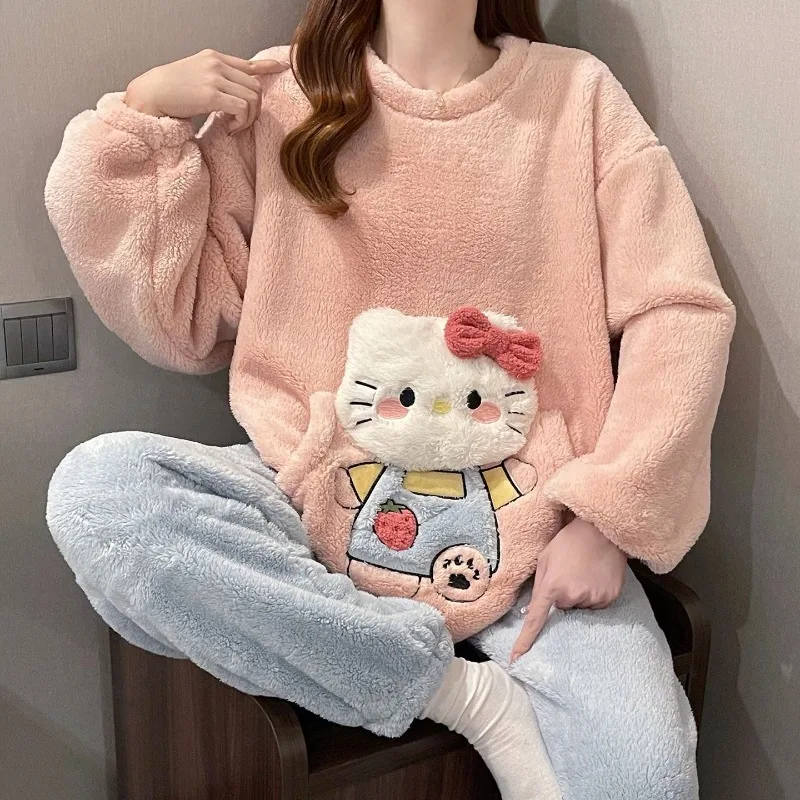 Hellokitty Ins Style Plush Girls Long-sleeved Trousers Plus Velvet Thickened Warm Pajamas Set Loose and Comfortable Home Clothes
