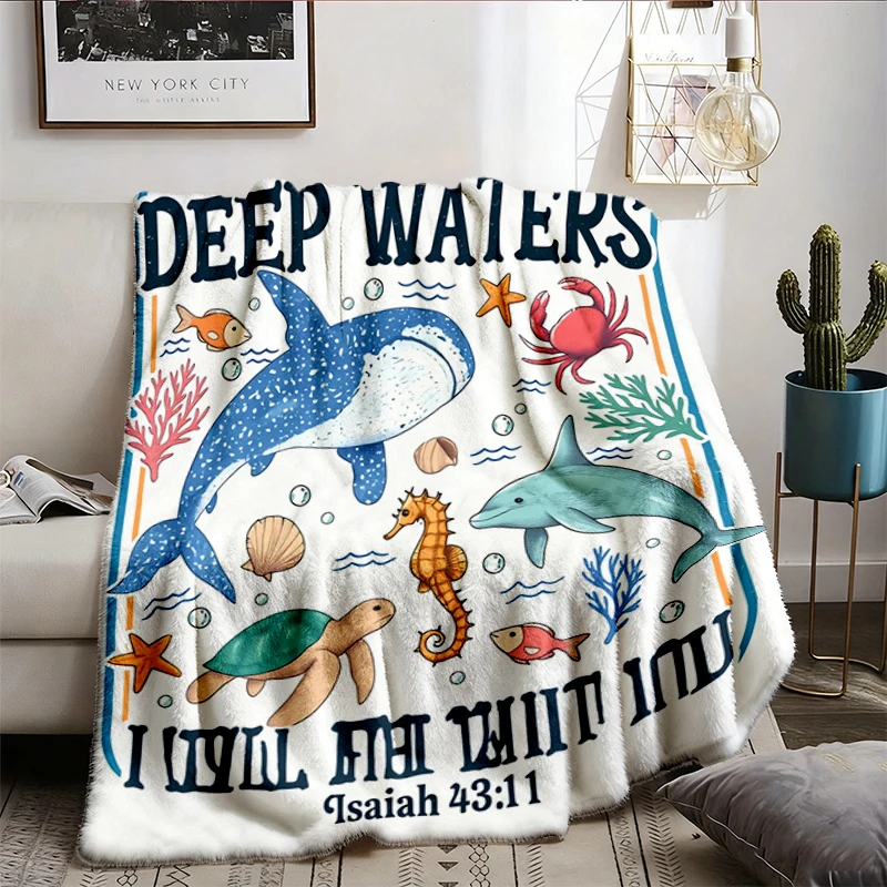 Christian When You Go Through Deep Waters Flannel Blanket, Isaiah 43 2 Bible Verse Flannel Throw, Ocean Faith Cozy