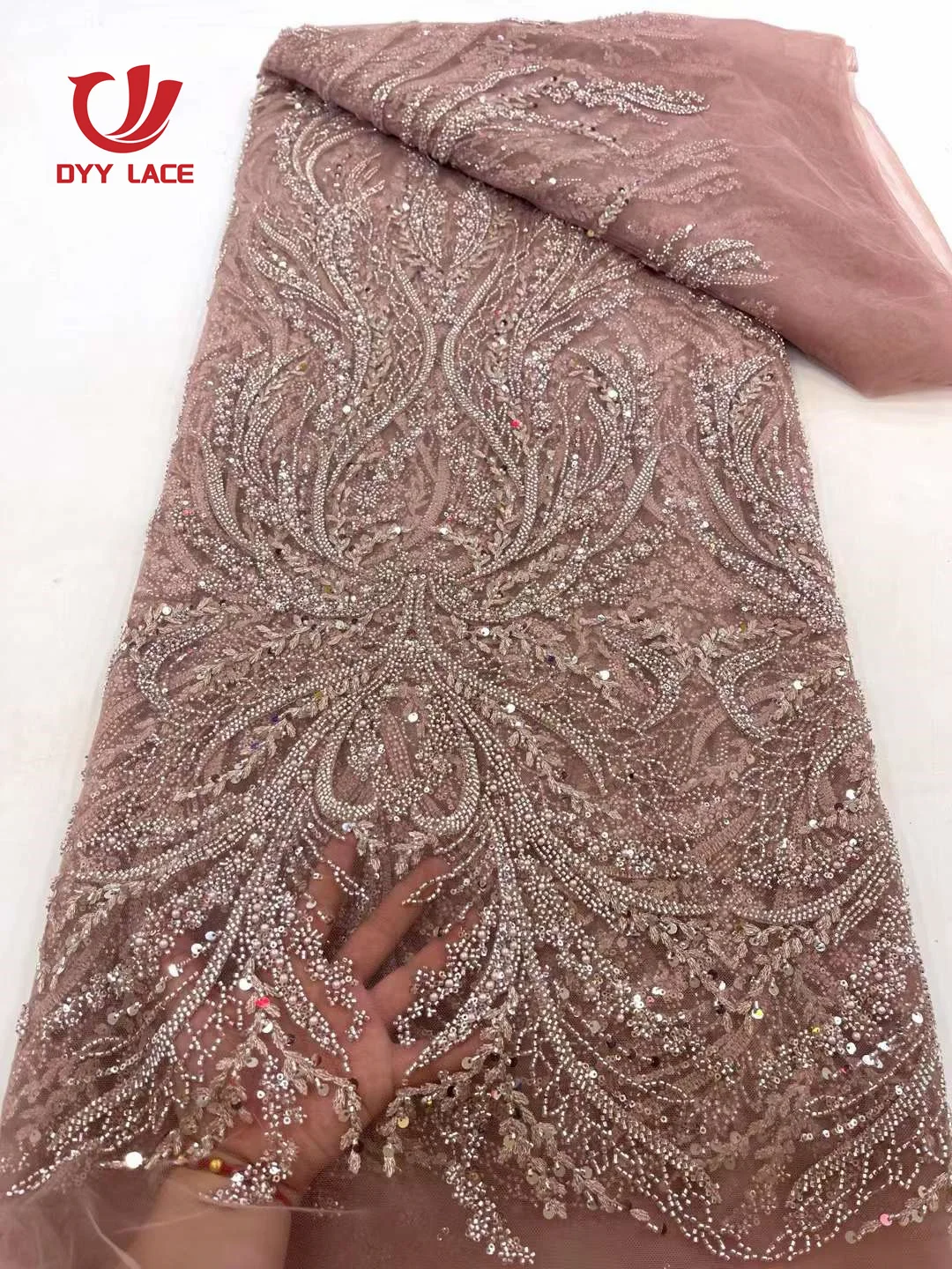 Latest African Beaded Lace Net Fabric 5 Yards 2024 High Quality Nigerian Wedding Material Luxury Sequins Beads Fabric for Sewing