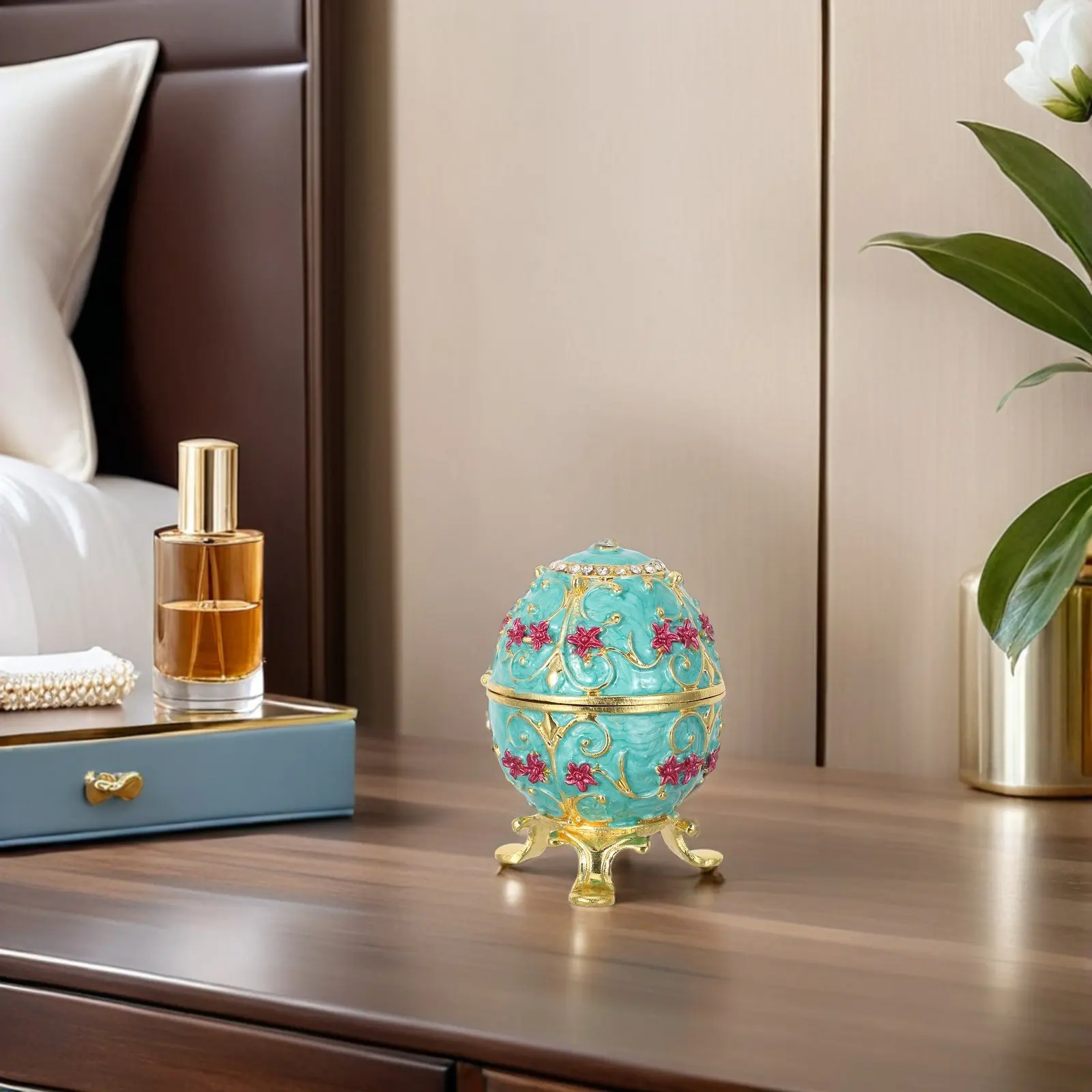 

Russian Egg Jewelry Box Vintage Hand Painted Enamel Metal Hinged Trinket Box Mini Jewelry Storage Ring Organizer