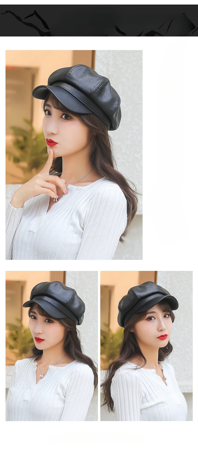 Neue Frauen PU Leder Berets Kappe Hut Schwarz Rot Außen Einstellbar Weibliche Herbst Winter Casual Dame Kappe Hut Für Frauen – Detail 5